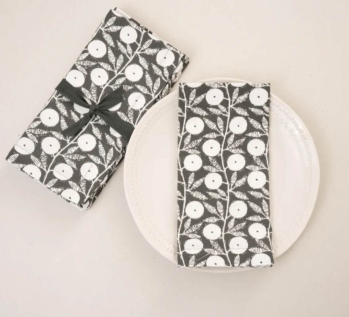 Set/4 Cotton Napkins Floral Vine: Charcoal