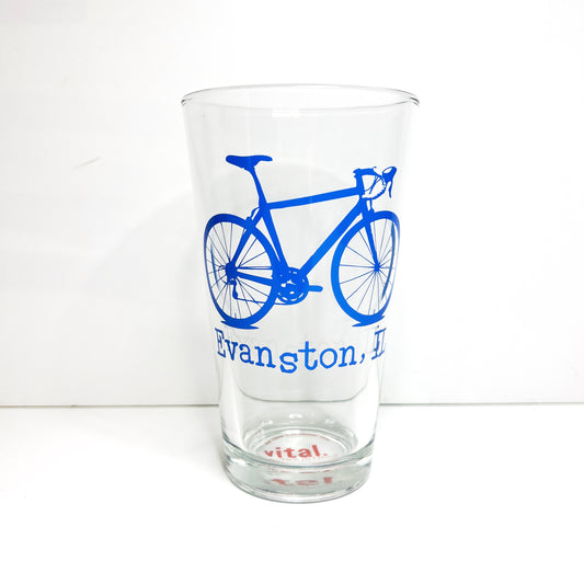 Blue Evanston Bicycle Pint Glass