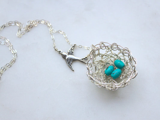 Silver Robin Crochet Nest Necklace