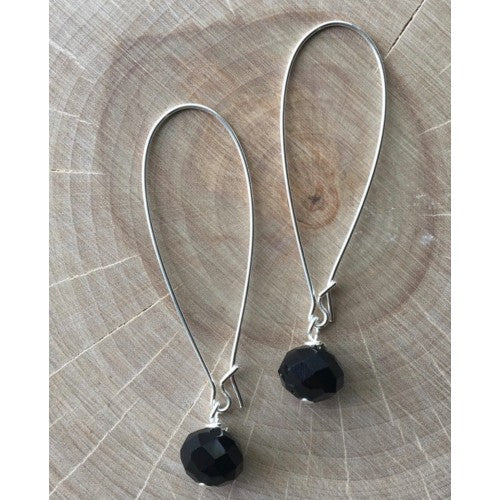 Silver Glass Drop Earrings - Black