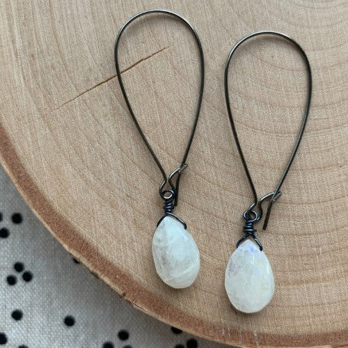 Gunmetal Gemstone Drop Earrings - Coated Moonstone