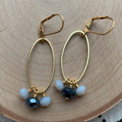 Gold Oval Cluster Earrings - Navy and Grey Glass