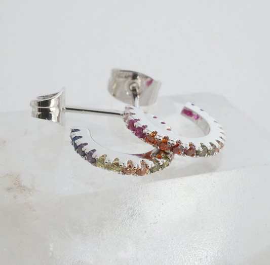 Silver Rainbow Crystal Hoop Earrings