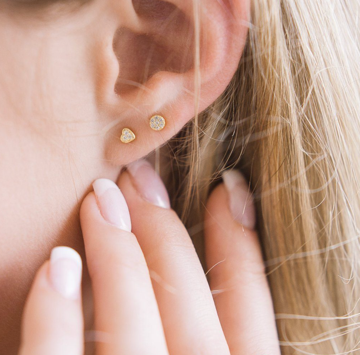 Gold Crystal Heart Stud Earrings