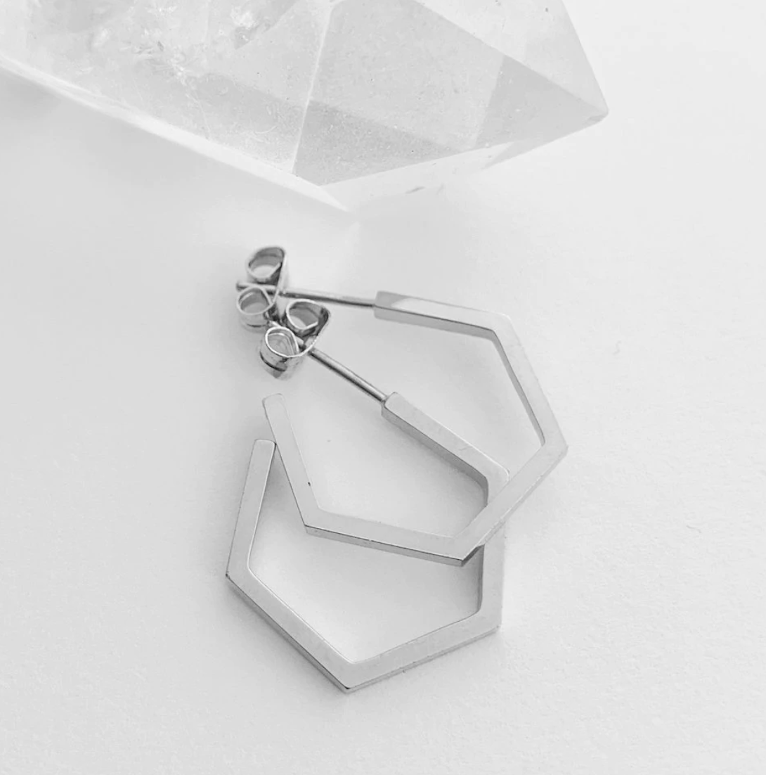 Silver Hexagon Hoop Earrings