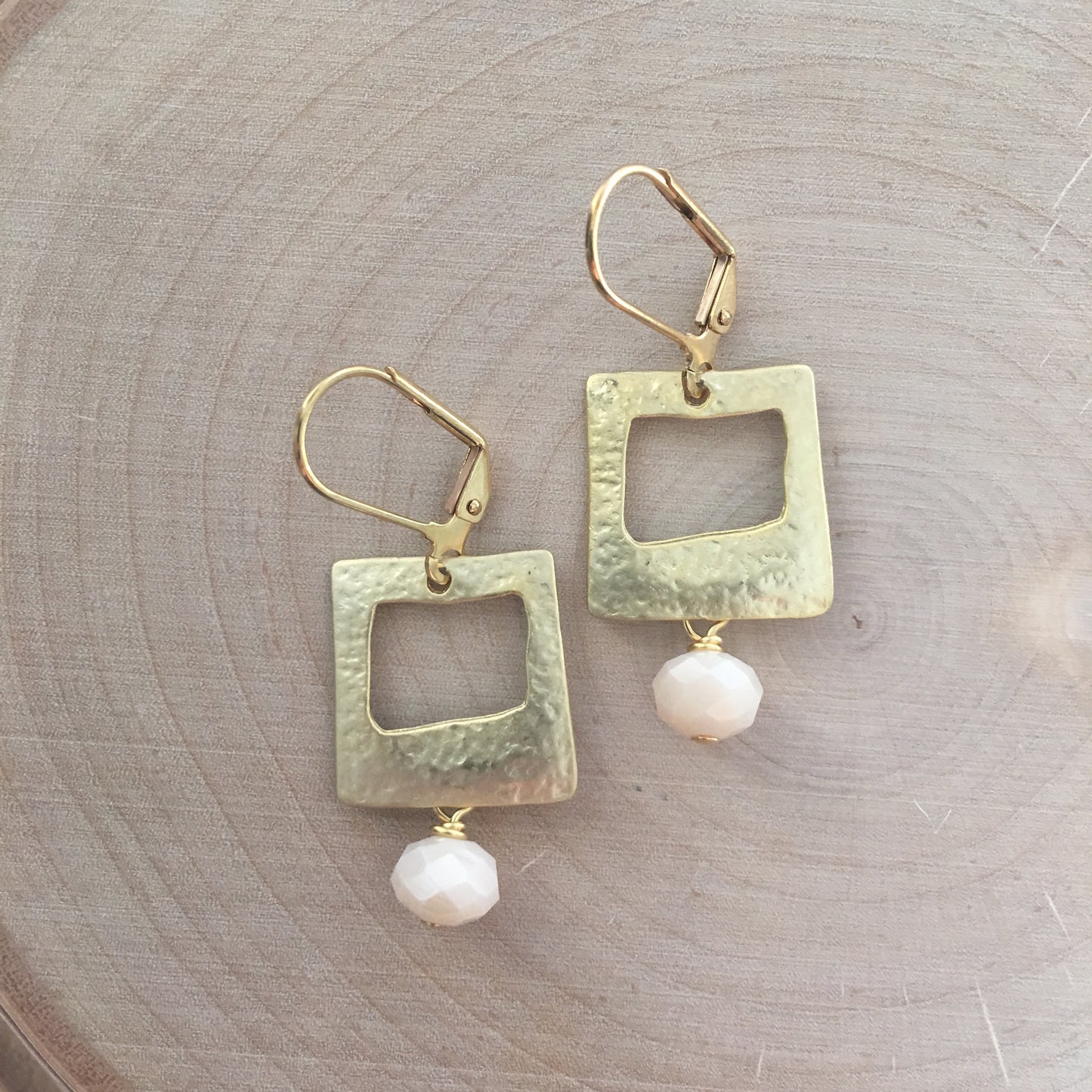 Gold Square Earrings - Cream Glass