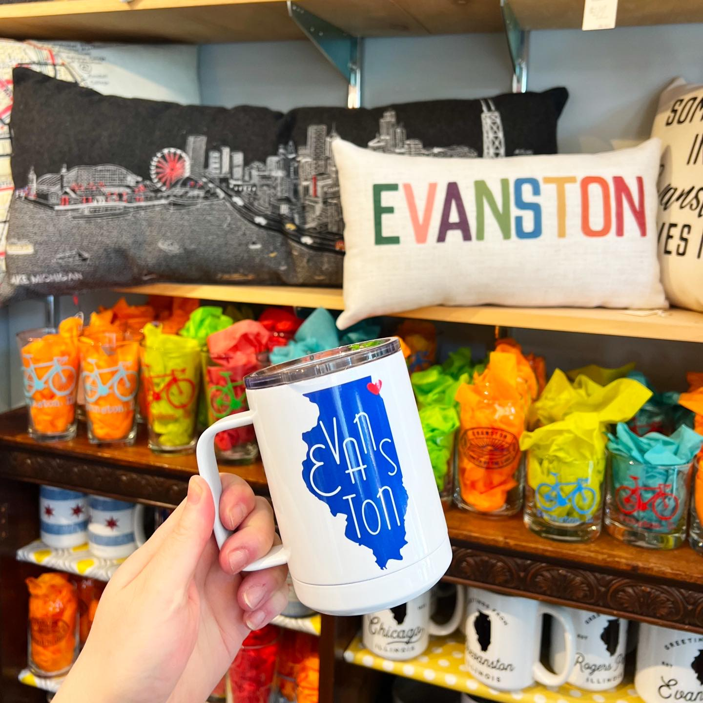 Evanston, Chicago, & Local Suburb Gifts including drinkware, wall art, throw pillows, pennants, and more.