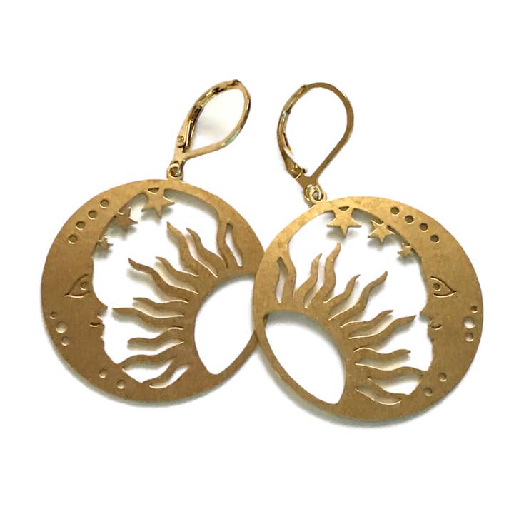Brass Large Sun and Moon Earring