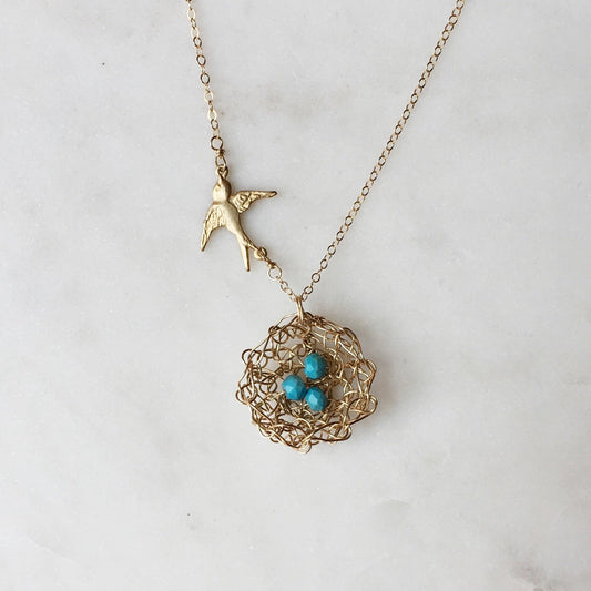 Gold Robin Crochet Nest Necklace