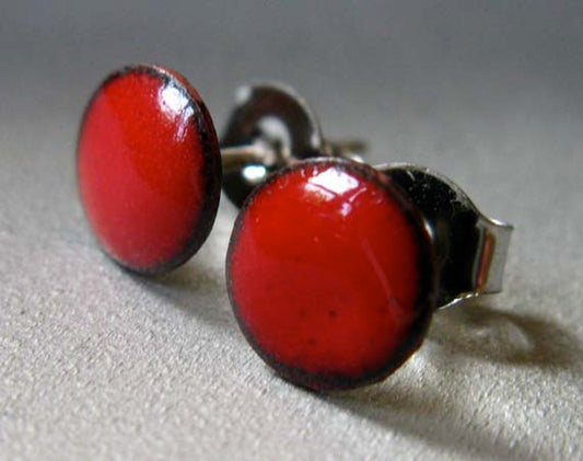 Cherry Red Enamel Mini Dot Stud Post Earrings