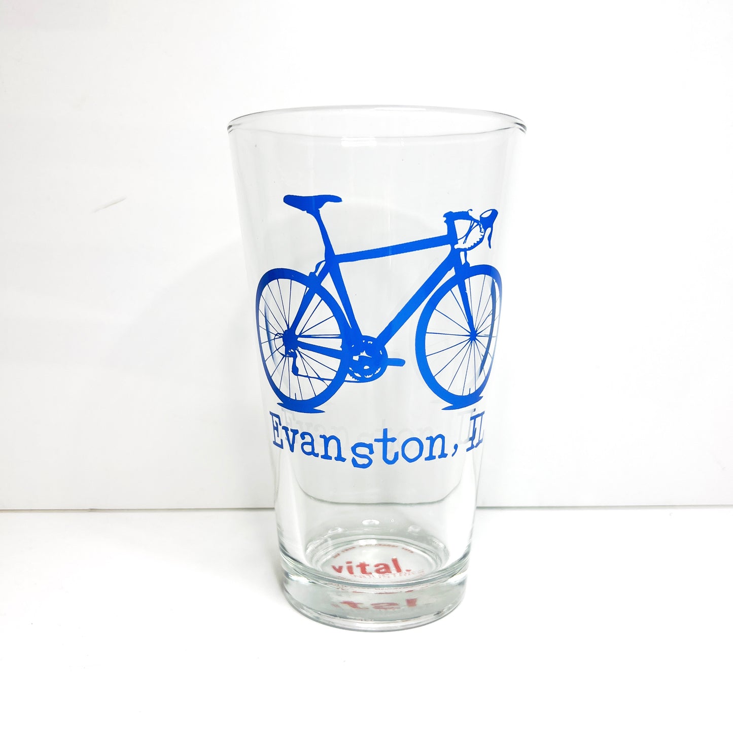 Blue Evanston Bicycle Pint Glass