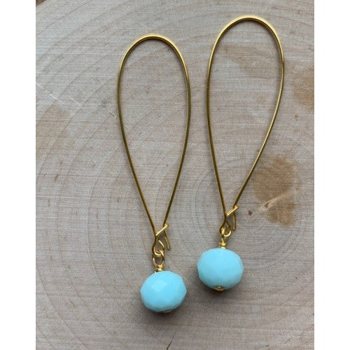 Gold Glass Drop Earrings - Light Blue