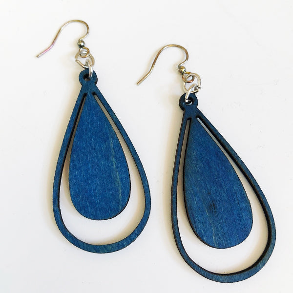 Blue Double Drop Wood Earrings