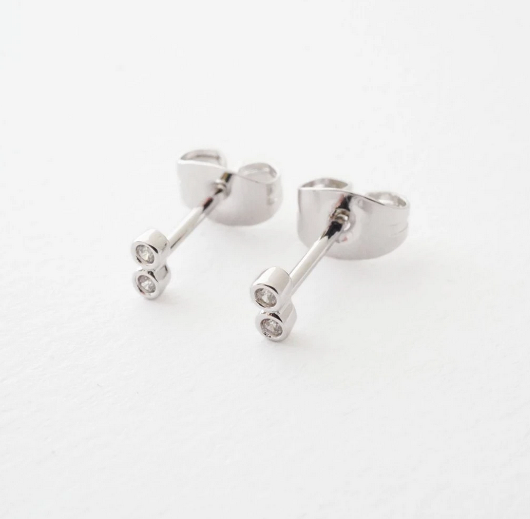 Silver Tiny Double Circle Crystal Earrings