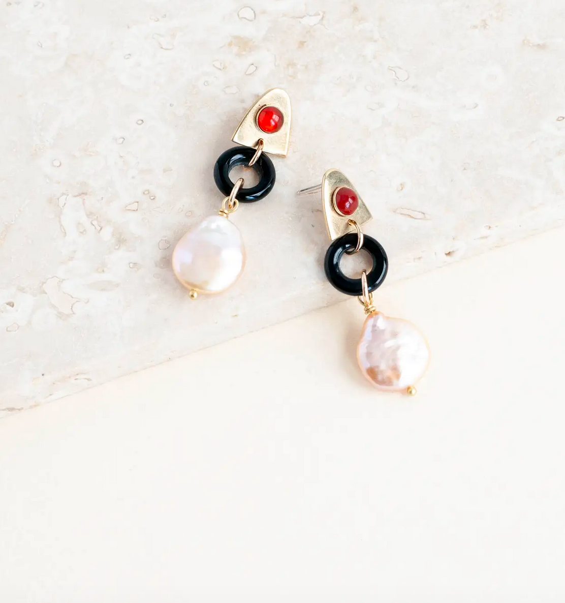 Charm Earrings in Carnelian, Black Agate, Pearl