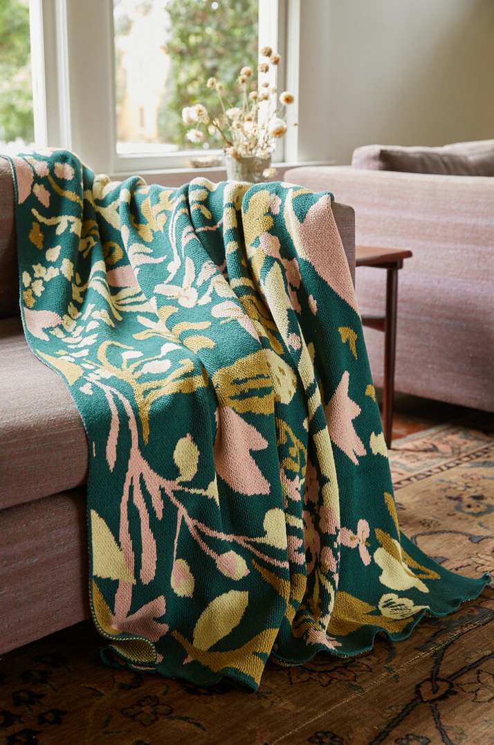 Forest Green Poppies & Lotus Blanket