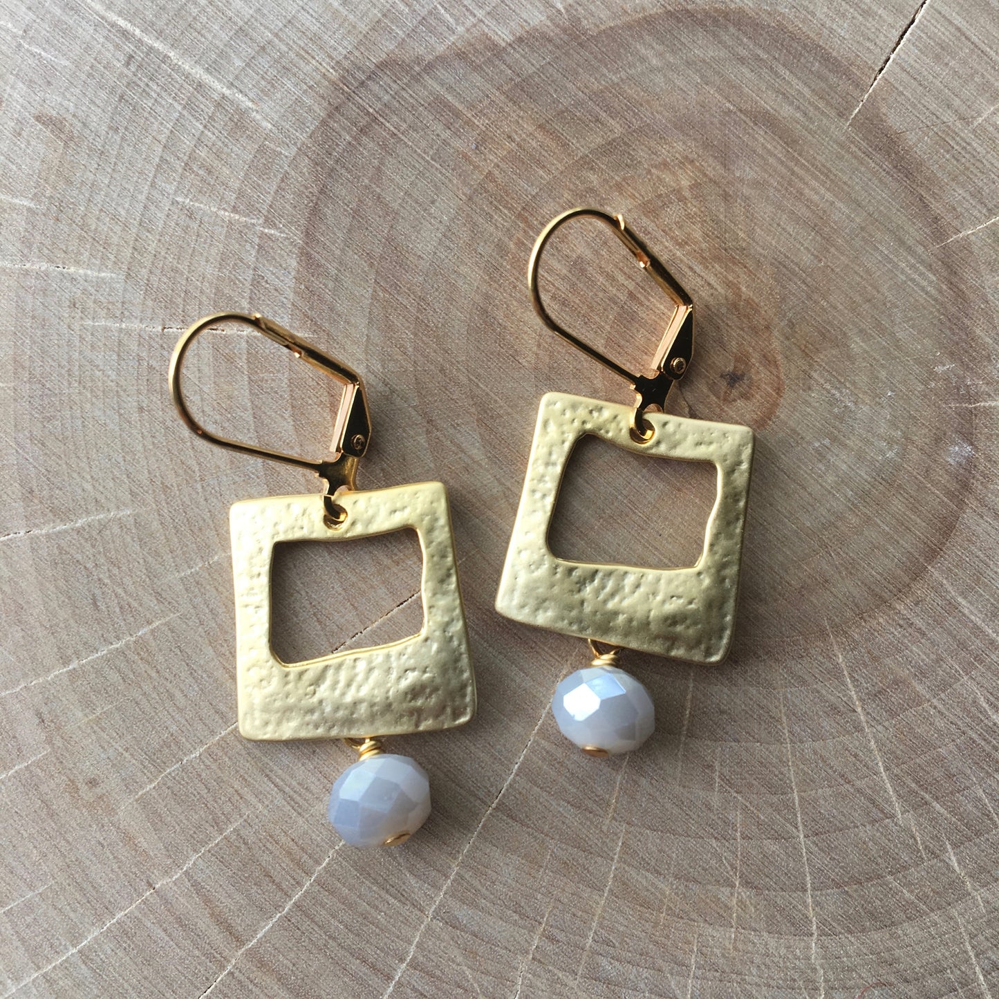 Gold Square Earrings - Grey Glass