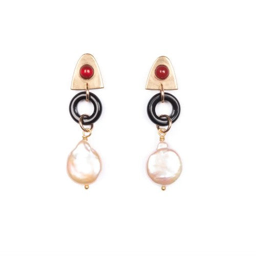Charm Earrings in Carnelian, Black Agate, Pearl